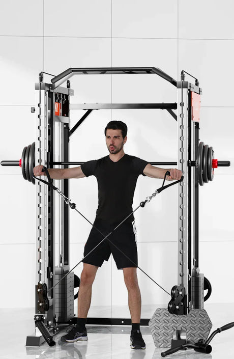 Man using cable machine for resistance workout in modern gym, strength training equipment