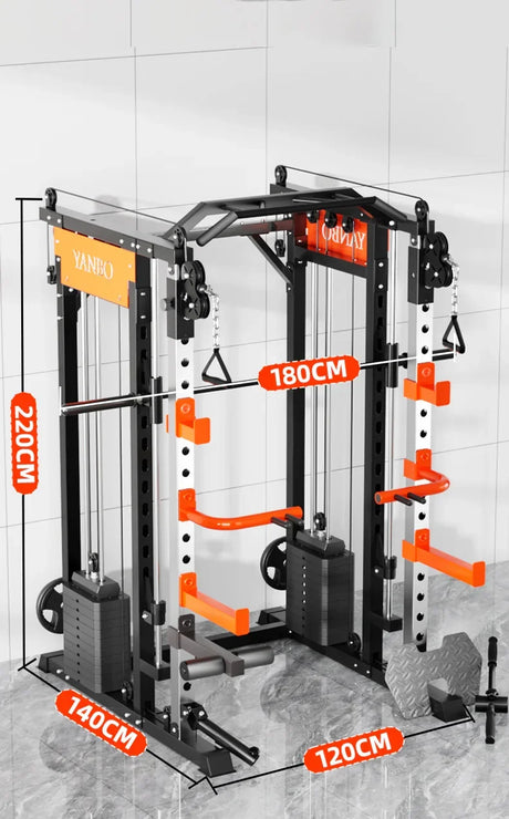 Home gym power rack with cable machine, pulleys, and size labels on tiled floor
