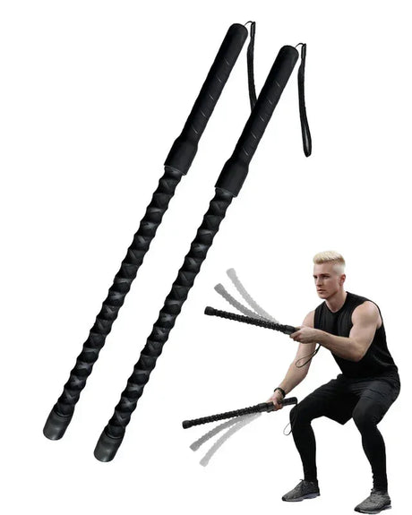 Black battle ropes with handles, shown with man performing rope workout in black athletic wear