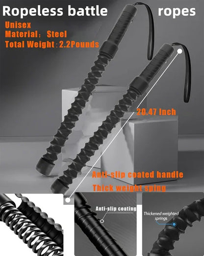 Black steel ropeless battle ropes with anti-slip coated handles and thick weighted springs, 20.47 inches long