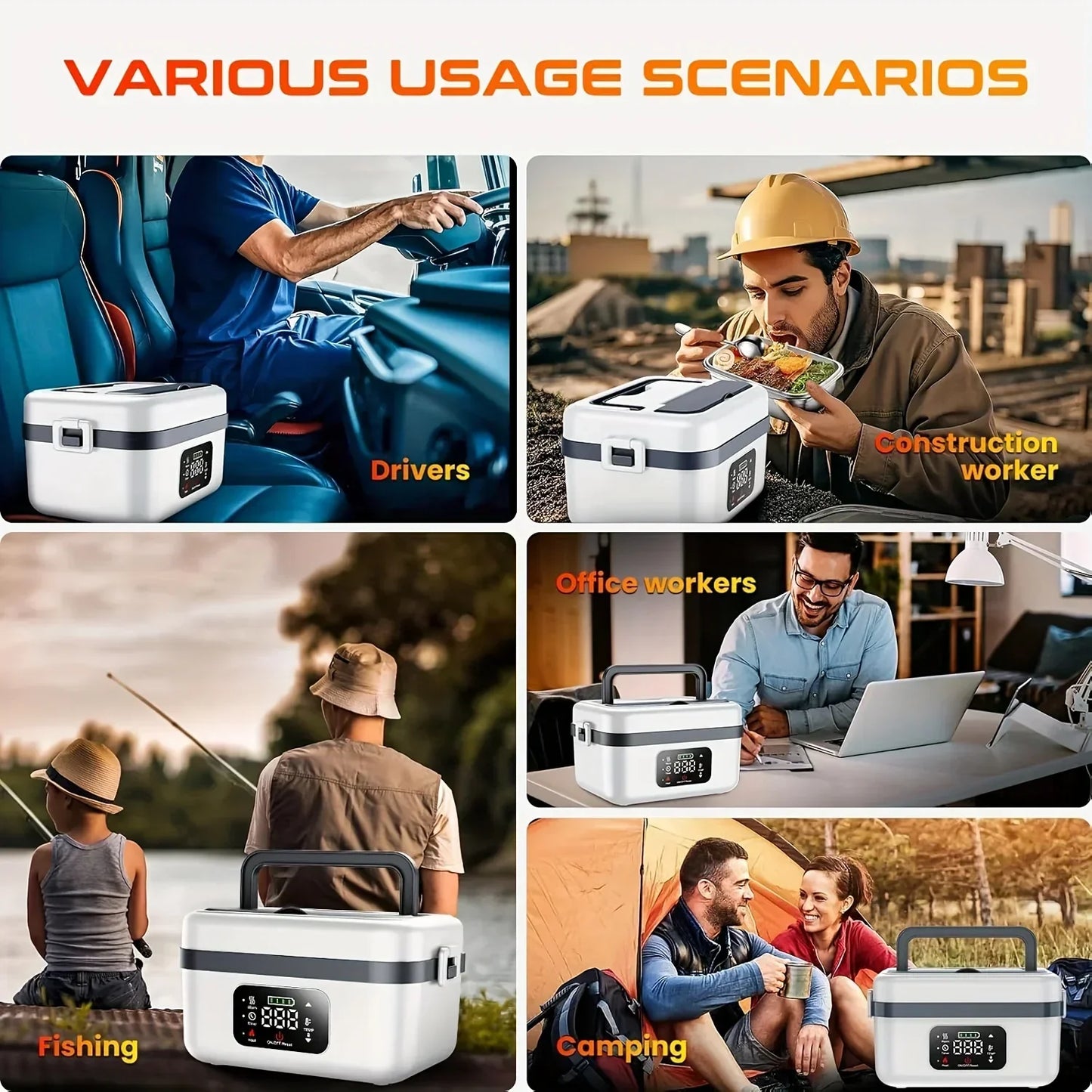 Portable electric lunch box for drivers, construction workers, office, fishing, and camping