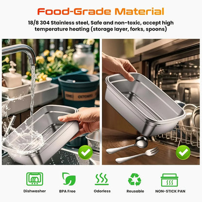 304 stainless steel food container being washed and placed in dishwasher, with BPA-free, reusable, odorless, and non-stick icons, featured on Stacks Warehouse AU bargain store.