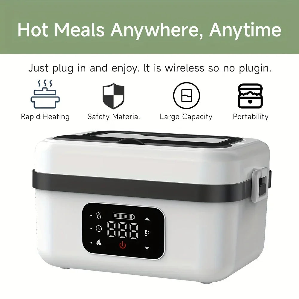Portable electric lunch box with digital display, rapid heating, white, for on-the-go meals