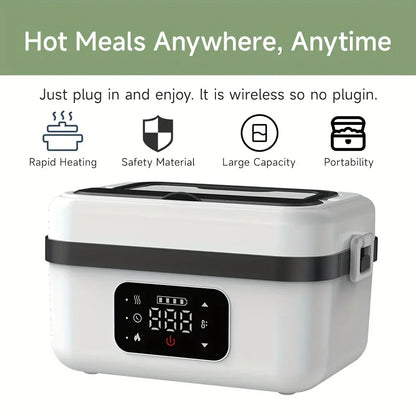 Portable electric lunch box with digital display, rapid heating, white, for on-the-go meals