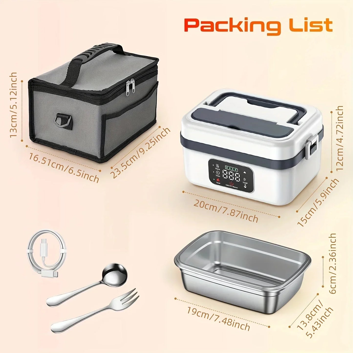 Electric lunch box set with insulated bag, stainless steel container, fork, spoon, and charging cable, dimensions shown, available at Stacks Warehouse AU online store.
