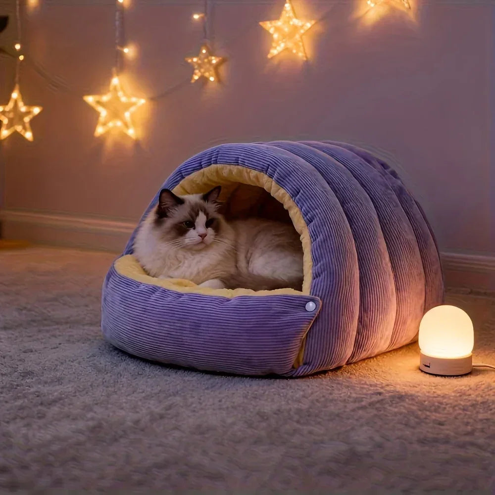 High-Elasticity Warm Cat Bed - 45x30x19cm Striped Fleece Removable