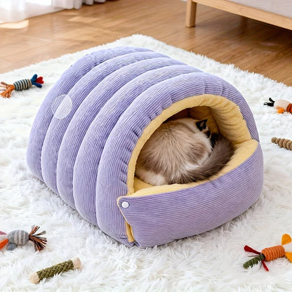High-Elasticity Warm Cat Bed - 45x30x19cm Striped Fleece Removable
