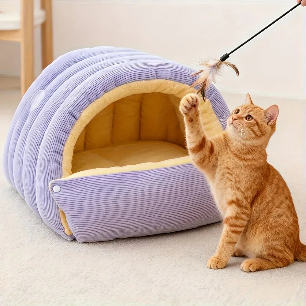 High-Elasticity Warm Cat Bed - 45x30x19cm Striped Fleece Removable