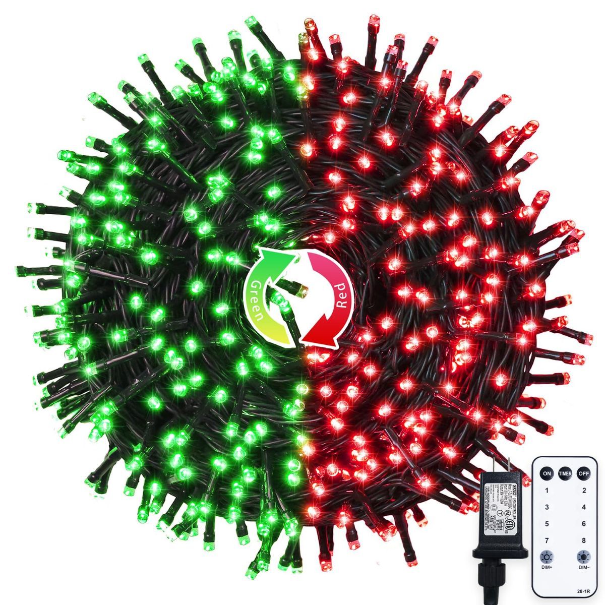 LED White Christmas Lights Outdoor, String Lights Plug in | Extendable, 8 Modes Christmas Tree Light, Timer, Durable, for Room Garden Patio Porch Wedding Christmas Halloween Decoration - Red & Green - Size 100m 1000-LED Light String with 3m Extension Cabl