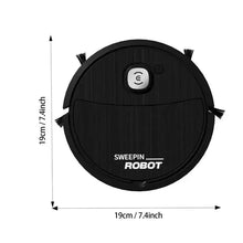 Black robotic vacuum cleaner with side brushes, 19cm diameter, labeled 'Sweepin Robot'.