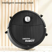 Black intelligent sweeping robot vacuum cleaner on a tiled floor, front view