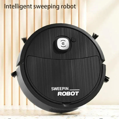 Black intelligent sweeping robot vacuum cleaner on a tiled floor, front view