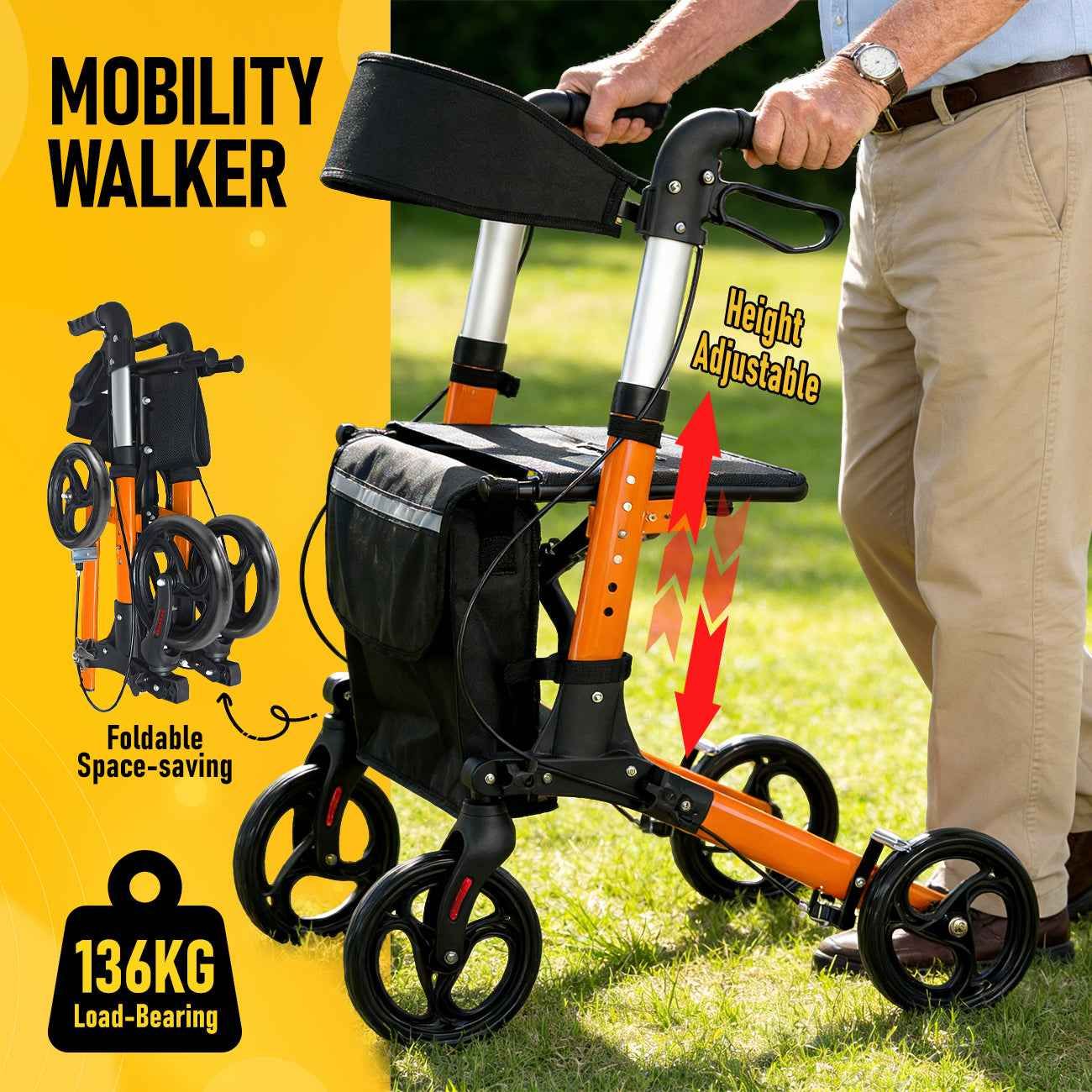 Foldable Aluminium Rollator Walker with Seat and Storage Bag Red