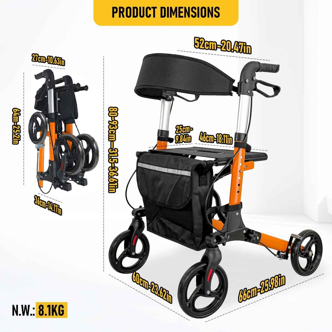 Foldable Aluminium Rollator Walker with Seat and Storage Bag Red
