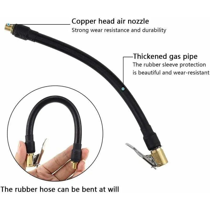 Flexible rubber air hose with copper nozzle and clamp for tire inflating or gas transfer