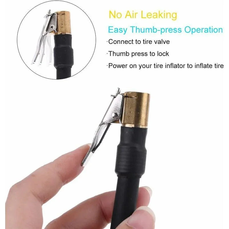 Metal tire inflator air hose connector with thumb press valve held by hand