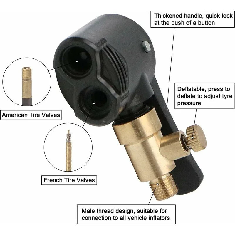 Dual head tire inflator with quick lock handle, fits American and French tire valves, male thread