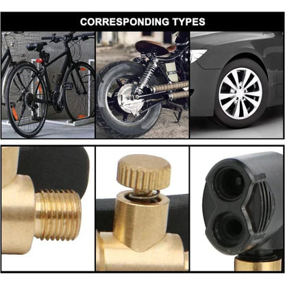 Bike, motorcycle, and car tire valve adapter brass fittings close up for inflators.
