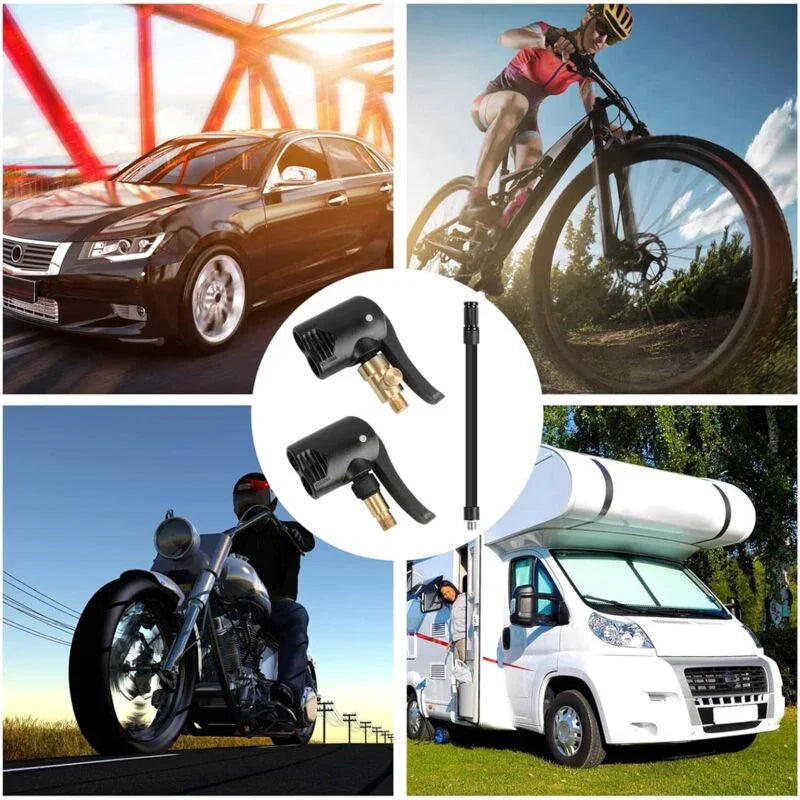 Universal air pump valve adapters for car, bike, motorcycle, and caravan tires, collage image