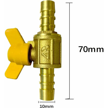 Brass hose barb ball valve with yellow handle, 70mm length, 10mm diameter, plumbing fitting