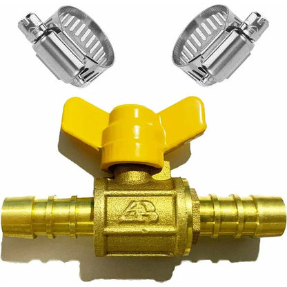 Brass hose barb ball valve with yellow handle and two stainless steel hose clamps