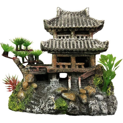 Resin Aquarium Castle Decoration Hand-Painted Oriental Tower Freshwater Saltwater Safe 17cm