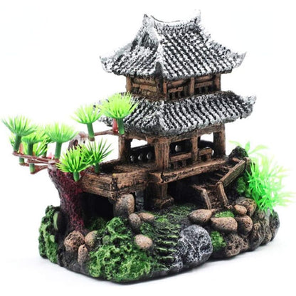 Resin Aquarium Castle Decoration Hand-Painted Oriental Tower Freshwater Saltwater Safe 17cm