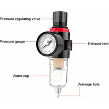 Air compressor filter regulator with labeled parts: pressure gauge, valve, exhaust vent, water cup, drain hole