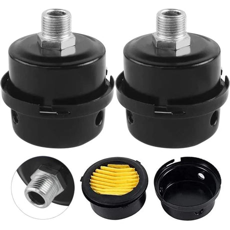 Set of black inline air compressor filters with threaded connectors and yellow filter elements