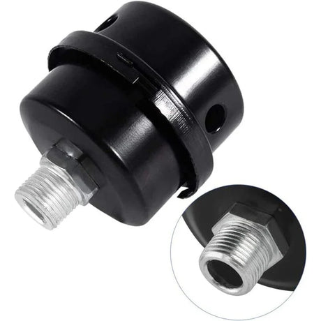 Black metal oil filter wrench with threaded connector, automotive tool on white background