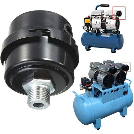 Air compressor silencer filter for reducing noise, shown with two blue air compressors.