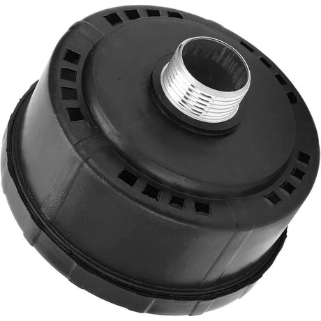 Black plastic threaded filter cap with ventilation slots, close-up on white background