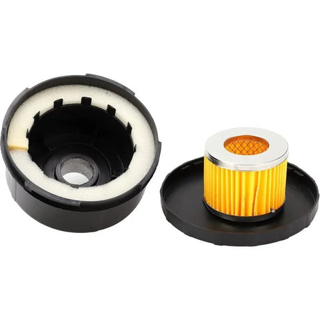 Round air filter kit with yellow pleated filter and black foam cover for small engines