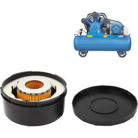 Air compressor replacement filter with housing and lid, shown with industrial air compressor.
