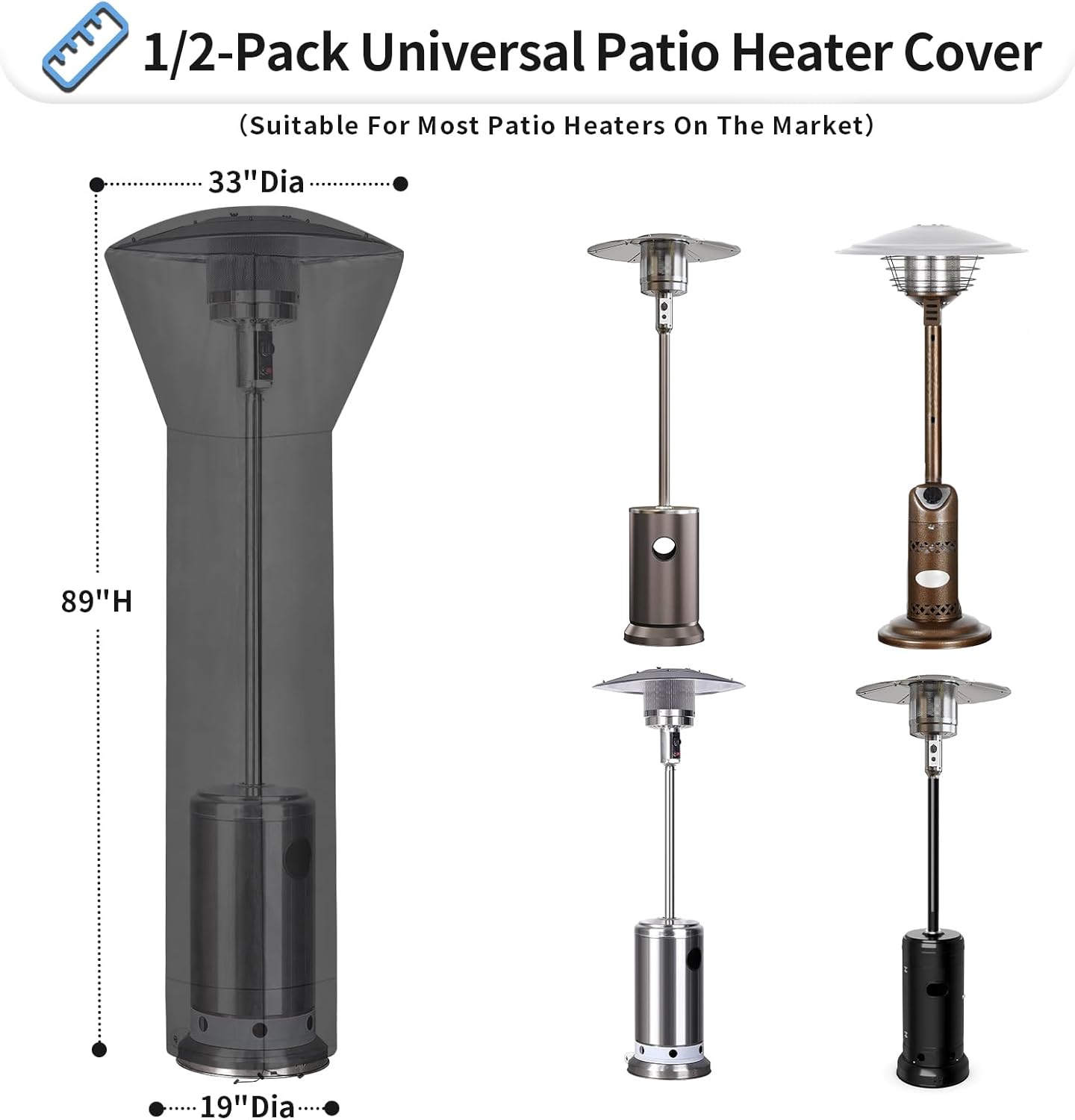 Patio Heater Cover Waterproof UV Resistant Zipper Air Vent Storage Bag 226cm Standing Heater Black