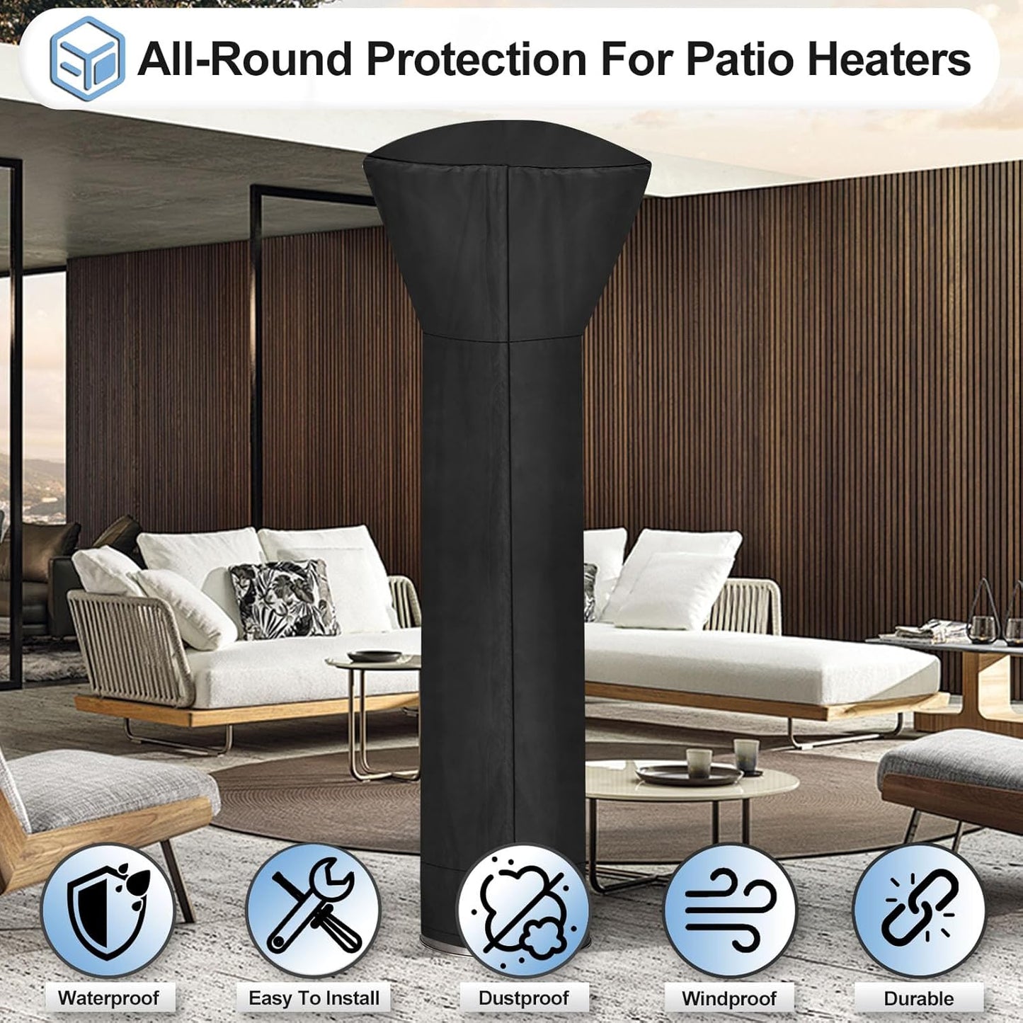 Patio Heater Cover Waterproof UV Resistant Zipper Air Vent Storage Bag 226cm Standing Heater Black