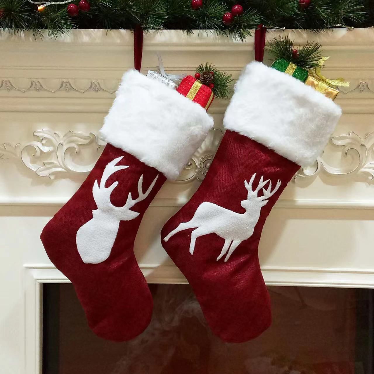 2 Pack Red Christmas Stockings with White Cuffs and Reindeer Applique, Hanging Gift Bags for Mantel, Fireplace and Holiday Decor