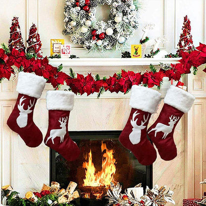 2 Pack Red Christmas Stockings with White Cuffs and Reindeer Applique, Hanging Gift Bags for Mantel, Fireplace and Holiday Decor