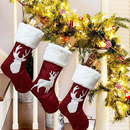 2 Pack Red Christmas Stockings with White Cuffs and Reindeer Applique, Hanging Gift Bags for Mantel, Fireplace and Holiday Decor