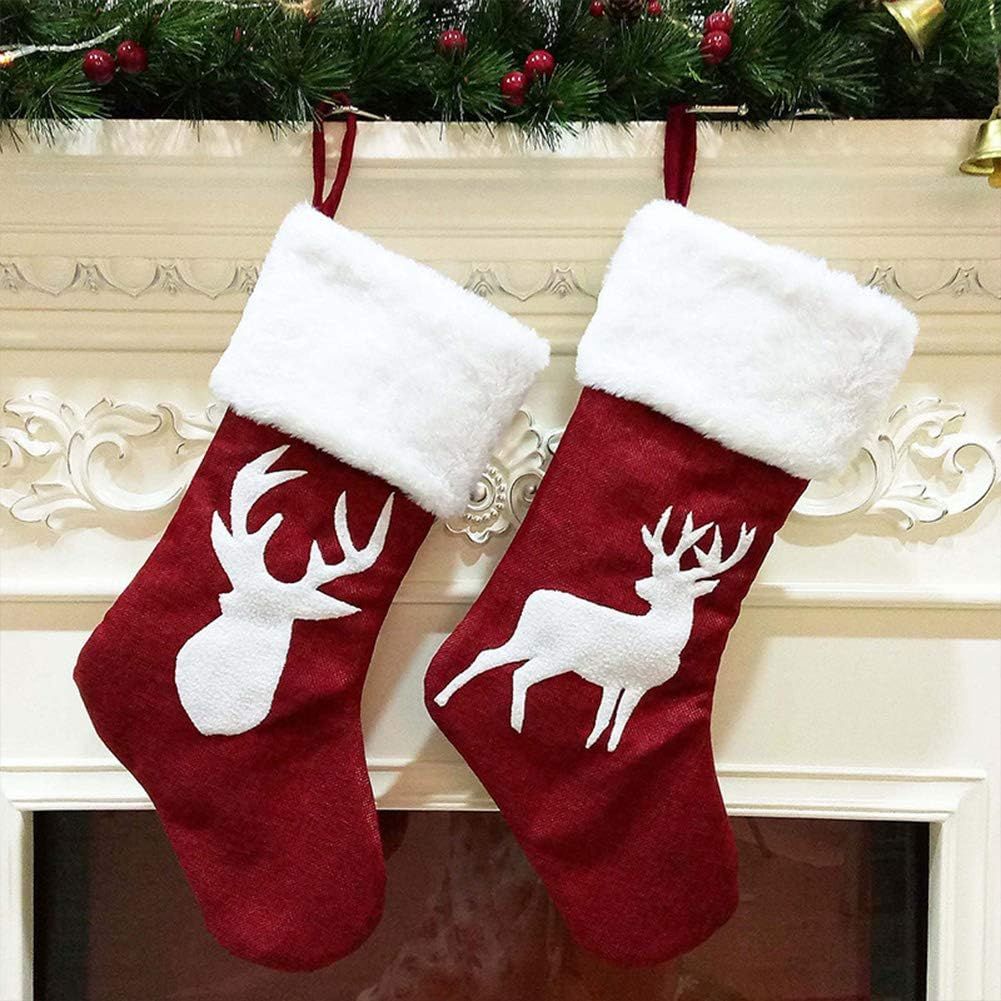 2 Pack Red Christmas Stockings with White Cuffs and Reindeer Applique, Hanging Gift Bags for Mantel, Fireplace and Holiday Decor