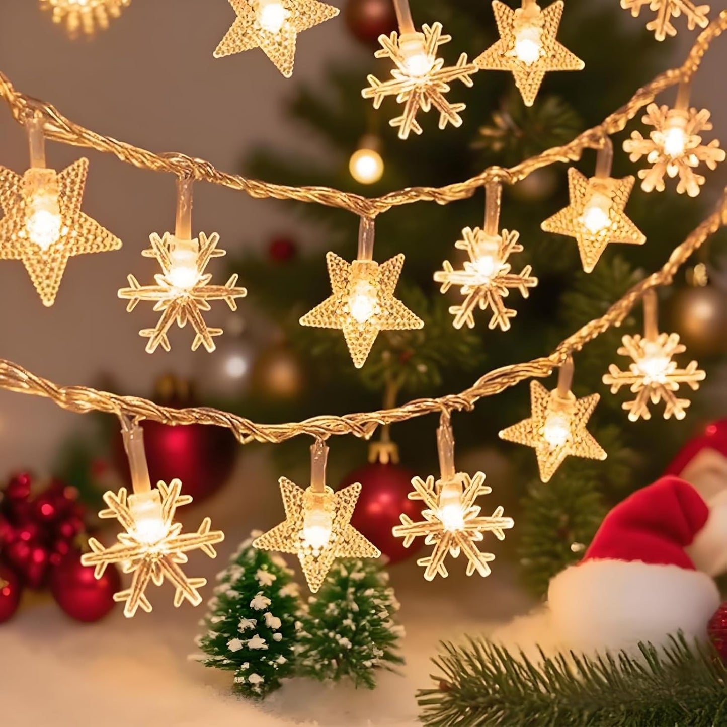 Indoor Christmas Lights - Star and Snowflake Light String - Christmas Decorations - Christmas Lights - Christmas Tree Lights - Living Room Mood Lighting - LED Lights - Window Decoration - Party Lights - Warm White - 1 Piece