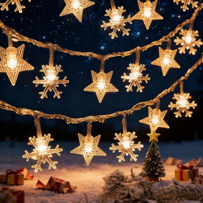 Indoor Christmas Lights - Star and Snowflake Light String - Christmas Decorations - Christmas Lights - Christmas Tree Lights - Living Room Mood Lighting - LED Lights - Window Decoration - Party Lights - Warm White - 1 Piece