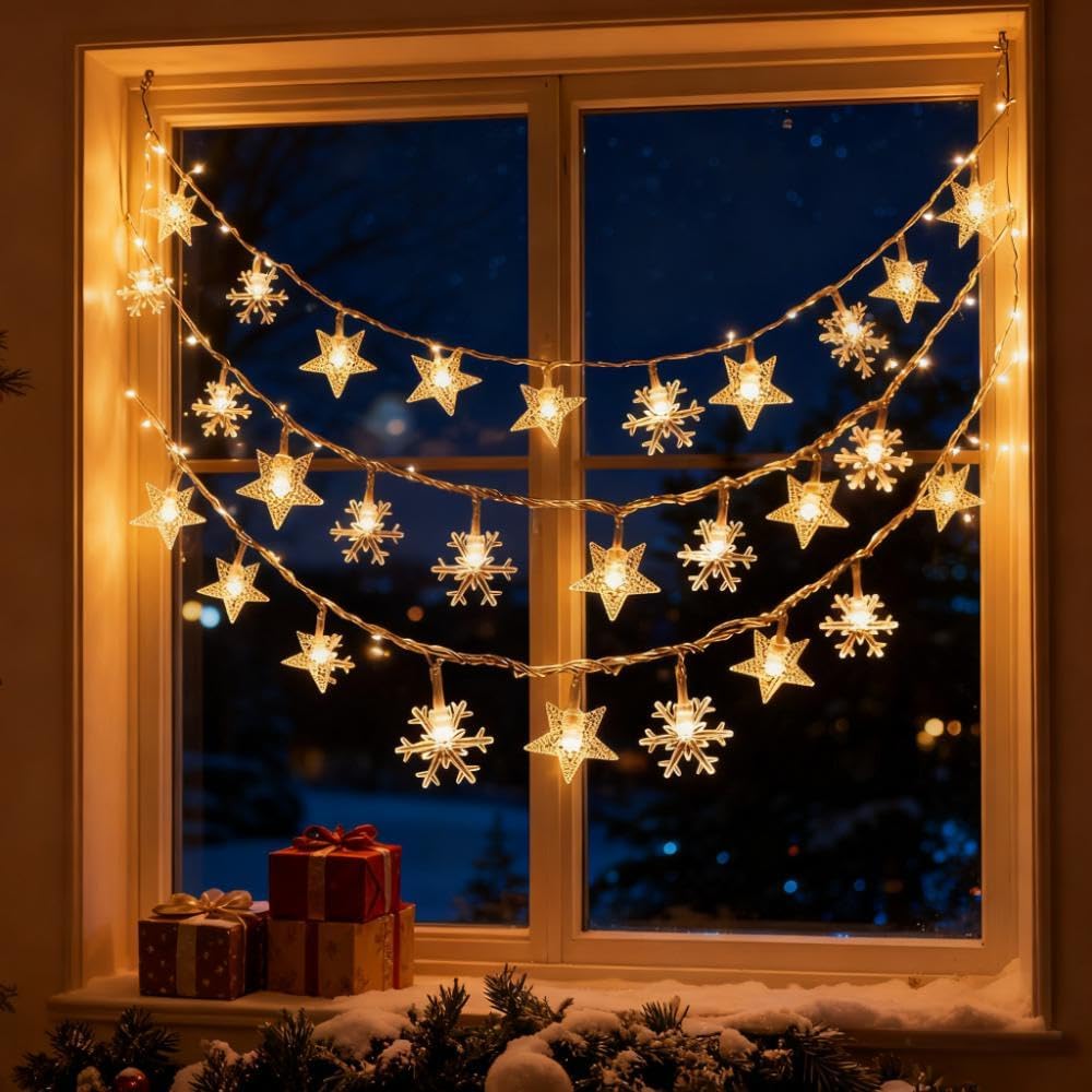 Indoor Christmas Lights - Star and Snowflake Light String - Christmas Decorations - Christmas Lights - Christmas Tree Lights - Living Room Mood Lighting - LED Lights - Window Decoration - Party Lights - Warm White - 1 Piece