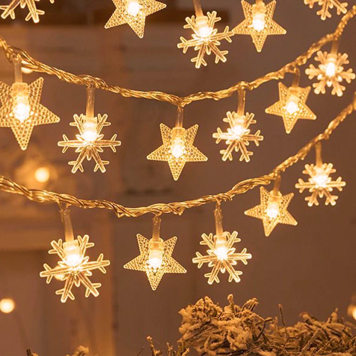 Indoor Christmas Lights - Star and Snowflake Light String - Christmas Decorations - Christmas Lights - Christmas Tree Lights - Living Room Mood Lighting - LED Lights - Window Decoration - Party Lights - Warm White - 1 Piece