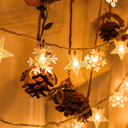 Indoor Christmas Lights - Star and Snowflake Light String - Christmas Decorations - Christmas Lights - Christmas Tree Lights - Living Room Mood Lighting - LED Lights - Window Decoration - Party Lights - Warm White - 1 Piece