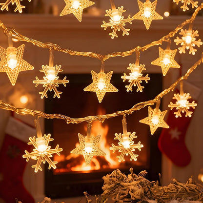 Indoor Christmas Lights - Star and Snowflake Light String - Christmas Decorations - Christmas Lights - Christmas Tree Lights - Living Room Mood Lighting - LED Lights - Window Decoration - Party Lights - Warm White - 1 Piece