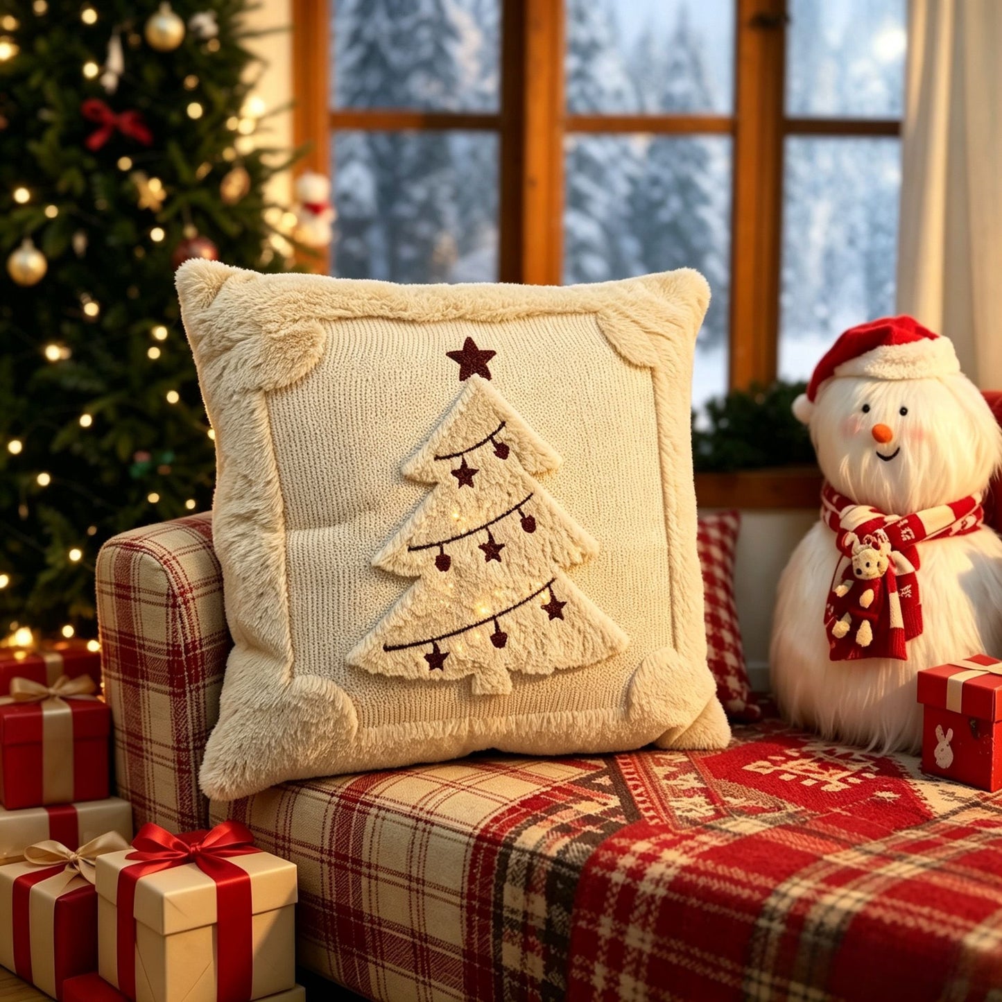 Set of 2 Christmas Cushion Covers - New Beige Large Christmas Tree (Pillow filling not included)