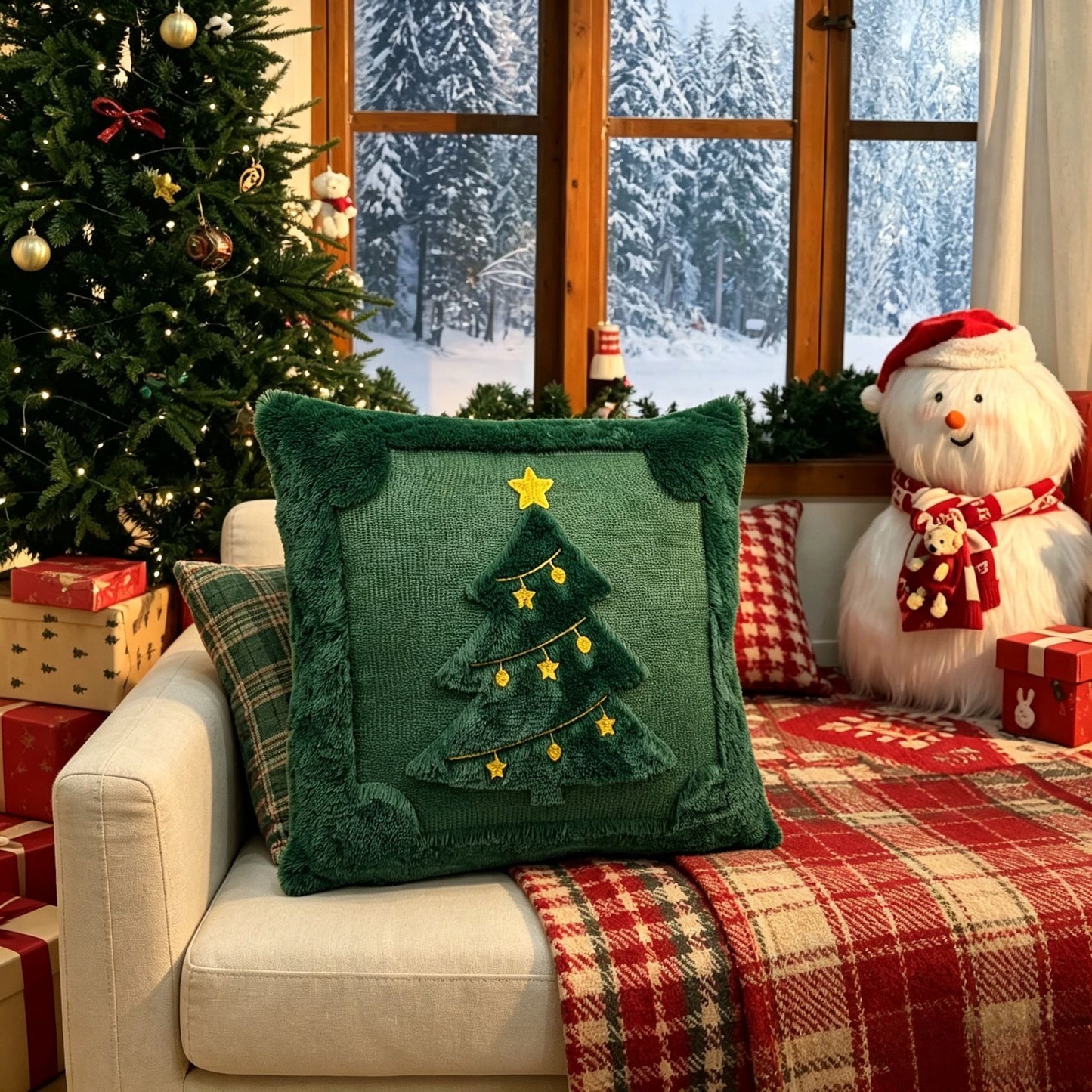 Set of 2 Christmas Cushion Covers - New Green Large Christmas Tree (Pillow filling not included)