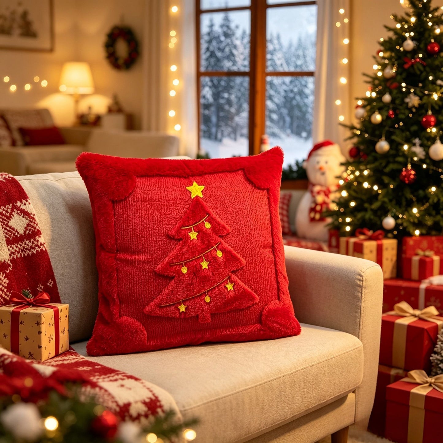 Set of 2 Christmas Cushion Covers - New Red Large Christmas Tree (Pillow filling not included)
