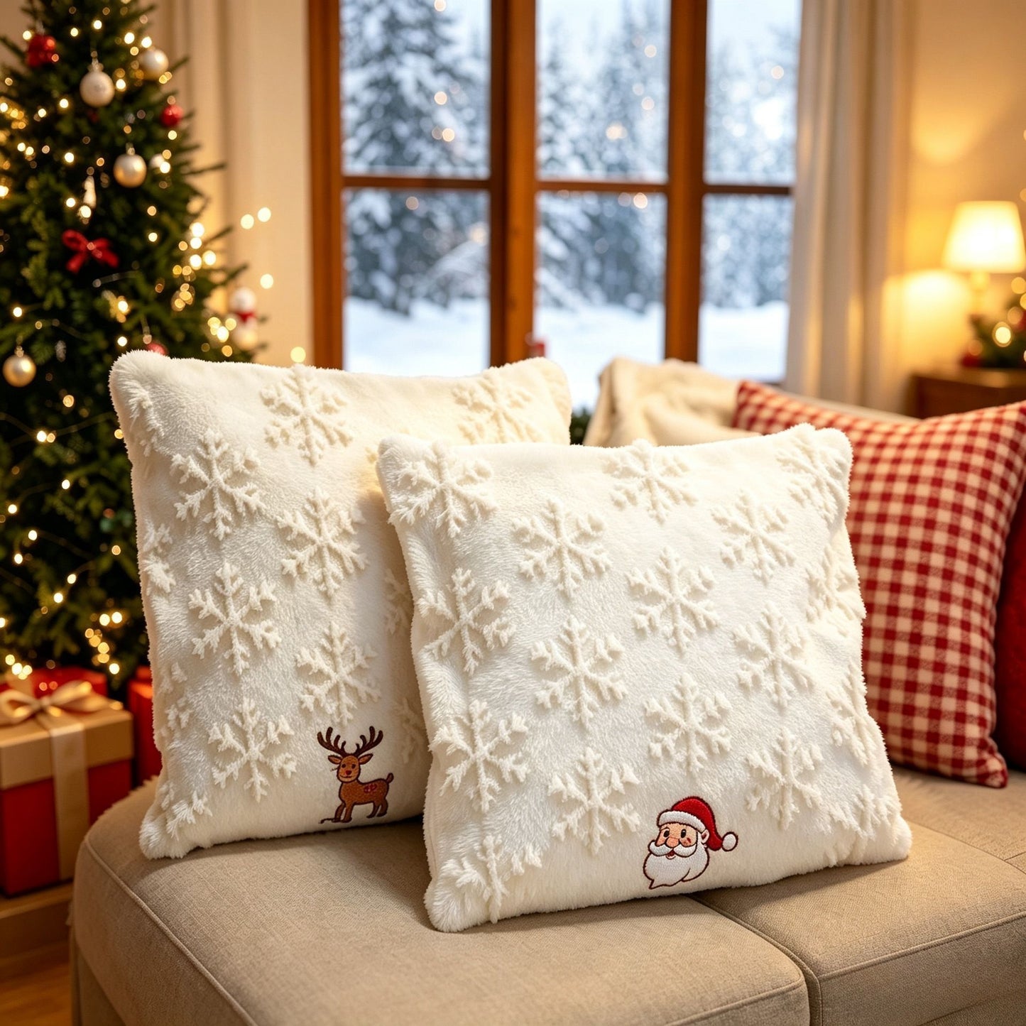 Set of 2 Christmas Cushion Covers - New Red Large Christmas Tree (Pillow filling not included)